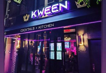 Kween Cocktails + Kitchen in Montreal. Exterior view of the gay-friendly bar with neon lights and a modern design. Travel advice.