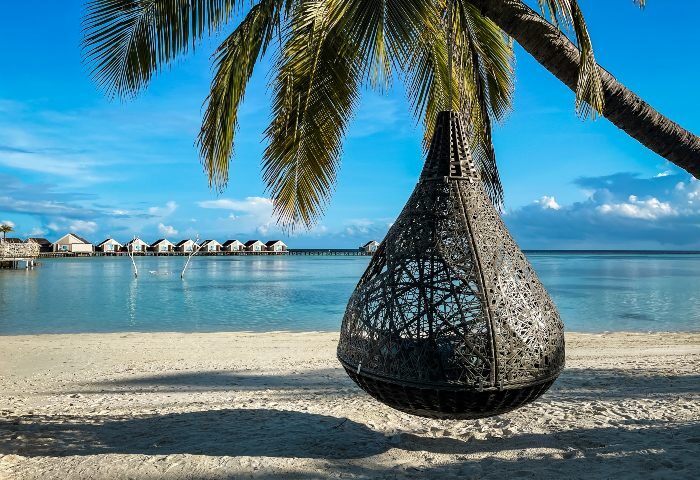 LUX* South Ari Atoll, Maldives: Beach view with hanging chair under palm tree. Luxury resort overwater bungalows. Gay travel destination.