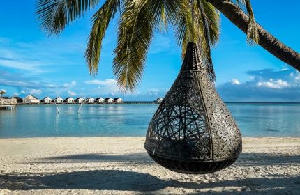 LUX* South Ari Atoll, Maldives: Beach view with hanging chair under palm tree. Luxury resort overwater bungalows. Gay travel destination.