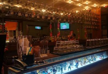 Interior of La Botica Gay Bar in Mexico. Shelves of liquor bottles line the back wall above the bar. Glasses, figurines, and TVs visible.