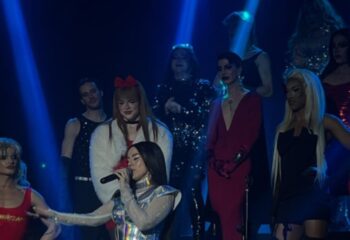 La Boum Milano: Drag queens perform on stage. Gay nightlife in Milan, Italy. LGBTQ+ travel advice. Performers in glamorous outfits.