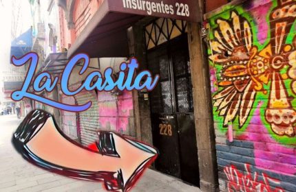 La Casita CDMX gay bar entrance. Graffiti art, address Insurgentes 228. Gay travel in Mexico City, a vibrant nightlife spot.