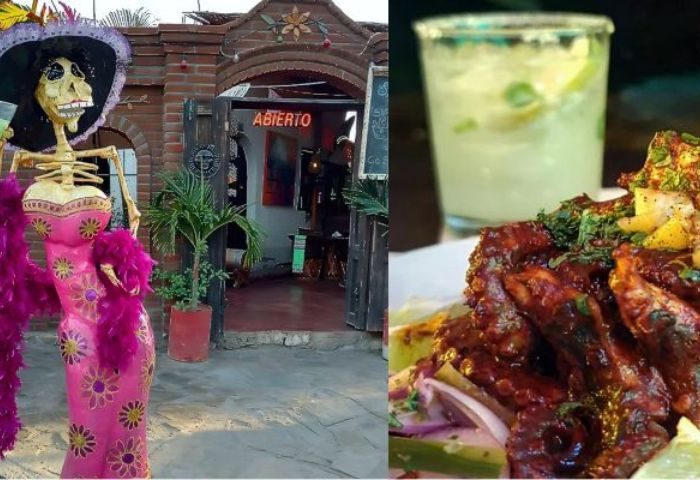 La Catrina Cantina gay bar in Puerto Vallarta: skeleton figure, cocktail, and food. Gay travel in Mexico for gay men's vacation.