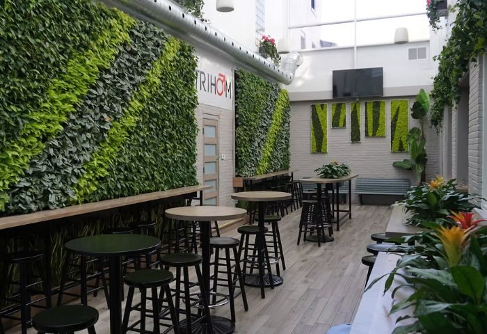 Montreal gay bar Le Stud interior. Tables, stools, and vertical garden walls create a vibrant, welcoming atmosphere for gay men travelers.