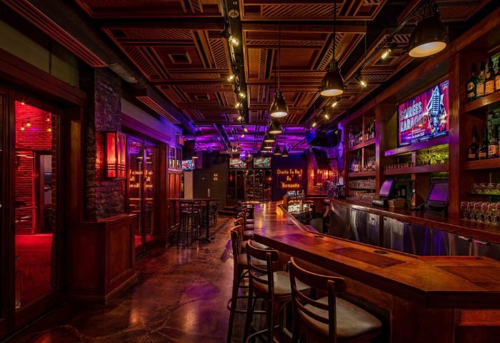 Interior of Le Taverne Normandie, a gay bar in Montreal. Wood bar, purple lighting, and TVs. Gay travel destination.