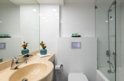 Bathroom at Leonardo Art Tel Aviv by the Beach, a most booked gay hotel near Tel Aviv's gay beach Hilton, featuring modern design.