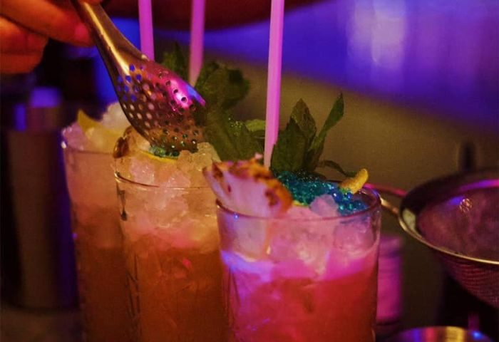 Cocktails at a gay bar in New York. Refreshing drinks with ice, mint, and fruit garnishes. Part of the gay cruise and bar scene.