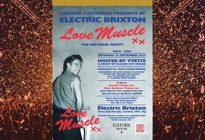 Love Muscle XX gay dance party at Electric Brixton, London. Live DJ event poster. Gay nightlife, London's sexiest gay club.