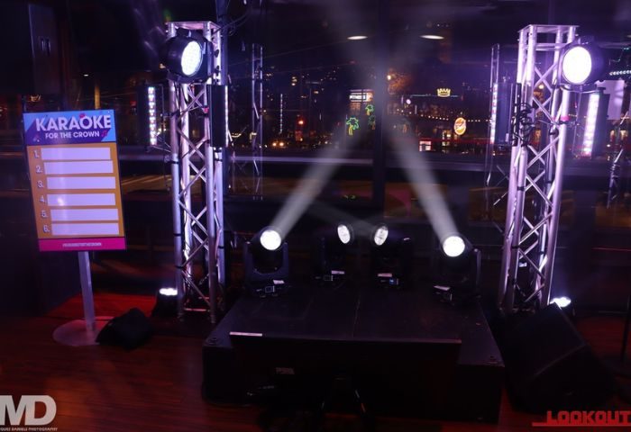 Lookout Gay Bar in San Francisco stage setup for Karaoke. Lighting trusses, stage, and karaoke sign. Nightlife in the Castro district.