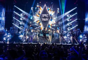 Madrid Gay Club: Dancers on stage at MACHO party. Crowd cheers, lights flash, and Spectrum logo shines. Gay nightlife travel.