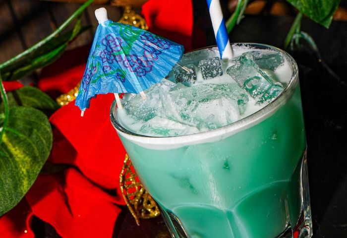 Macri Park gay bar cocktail. New York nightlife drink with ice, blue umbrella, and straw. Gay travel guide.