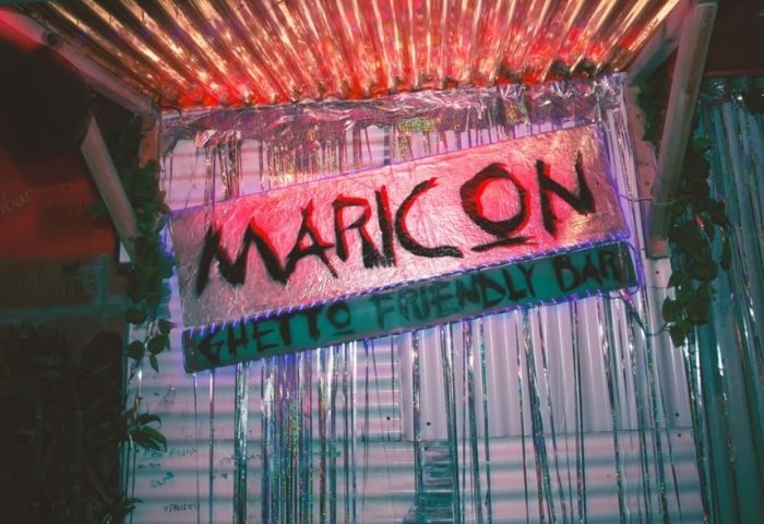 Maricon Ghetto Friendly Bar sign in Barcelona. A gay bar with a unique name and atmosphere, perfect for gay travel and nightlife adventures.
