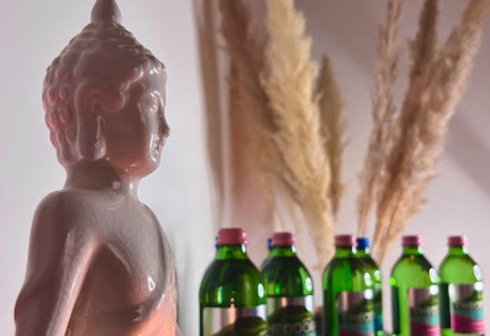 Gay travel Budapest: Buddha statue, massage oils, & pampas grass. Relaxing spa day at 'Massage Just For You' in Budapest, Hungary.