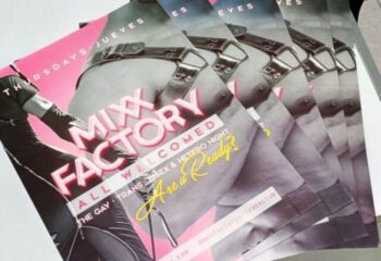 Men Factory Gay Cruise Club in Barcelona flyer. Mixx Factory event poster. All welcomed: gay, trans, bisex & hetero night. Are u ready?