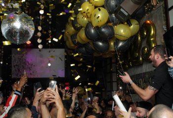 Midnight Sun Video Bar in San Francisco party scene. Gay bar with disco ball, balloons, confetti, and people celebrating. Gay travel.