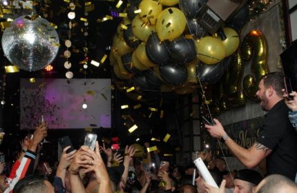 Midnight Sun Video Bar in San Francisco party scene. Gay bar with disco ball, balloons, confetti, and people celebrating. Gay travel.