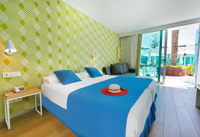 Hotel Nayra Adults Only Gran Canaria room. Most booked gay hotel. Double bed, hat, terrace view. Gay travel destination.