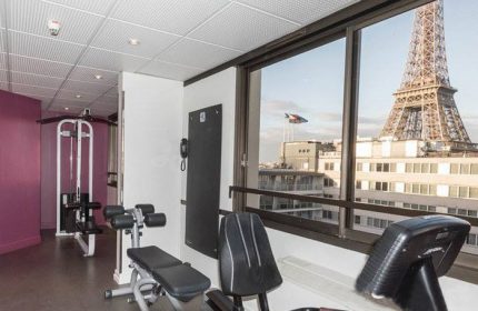 Mercure Paris Centre Tour Eiffel hotel gym. Gay-friendly hotel in Paris city center with Eiffel Tower view. Gym equipment.