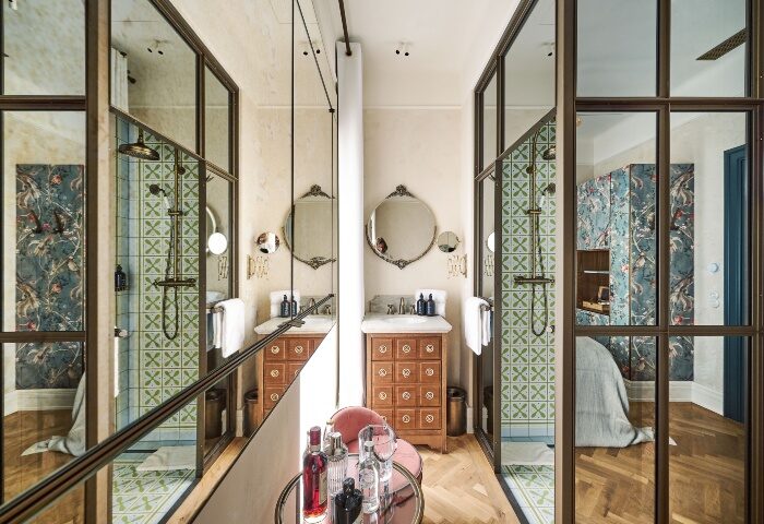 Hotel MOTTO, Vienna: Gay-friendly boutique hotel room. Bathroom with shower, sink, and vintage design. Most-booked hotel for gay travelers.