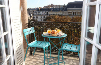 Little Palace Hotel, Paris: Breakfast on a balcony with a view. A romantic honeymoon spot in the Marais gayborhood. Perfect for gay couples.