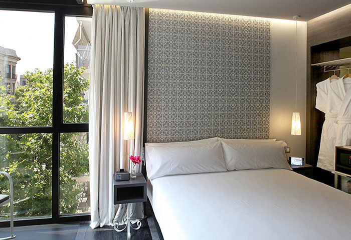 TWO Hotel Barcelona by Axel Adults Only room. Modern design, city view. Gay honeymoon hotel, comfortable, and stylish.