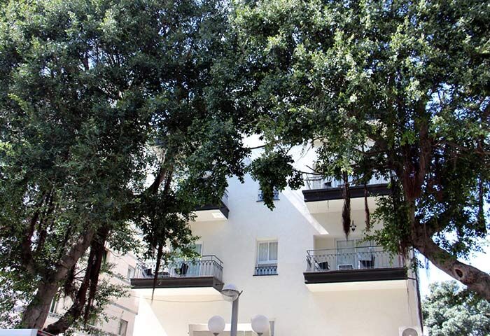 Dizengoff Avenue Boutique Hotel facade. Most booked gay hotel in Tel Aviv, Israel. Balconies are visible, framed by lush trees.