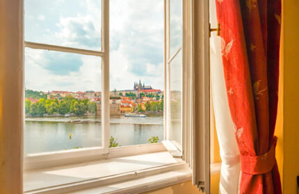 Hotel Leonardo Prague view. River view from window in Old Town, Prague. Gay hotels in Prague on the River Vltava.