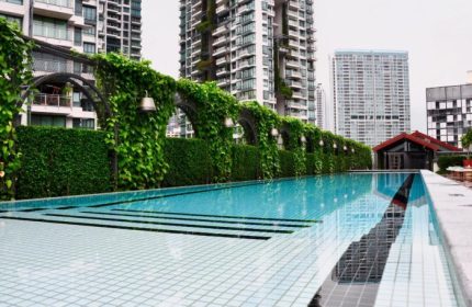 M Social Singapore's rooftop pool. A most-booked gay hotel in Singapore. Lush greenery adorns the pool area with city views.