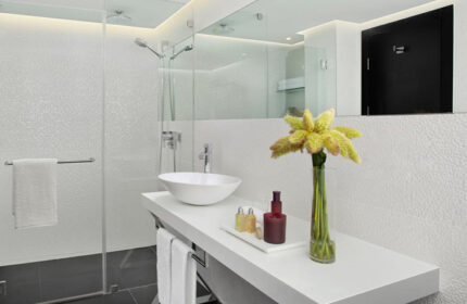 Alexander Tel Aviv Hotel bathroom. Modern design with a glass shower, white sink, and decorative flower. Gay-friendly luxury in Hilton Beach.