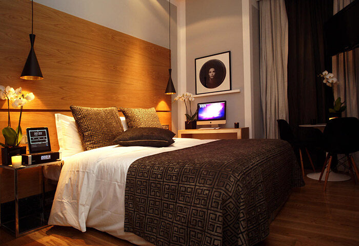 Browns Downtown Hotel's honeymoon suite, Lisbon. A most-booked gay hotel, perfect for romantic getaways. Stylish bedroom interior.