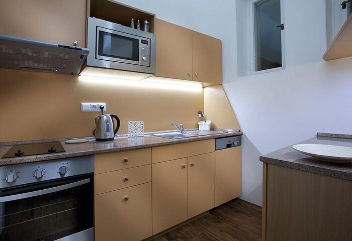 Anyday Apartments kitchen. Budget gay hotel in Prague with kitchen. Features microwave, oven, and sink. Perfect for gay travelers.