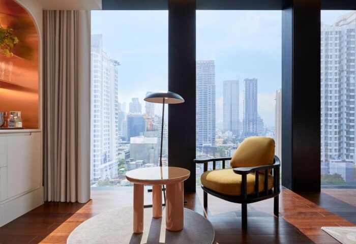 Bangkok's The Standard Mahanakhon hotel room. Modern design, city view. Popular gay hotel choice for travelers. Interior details.