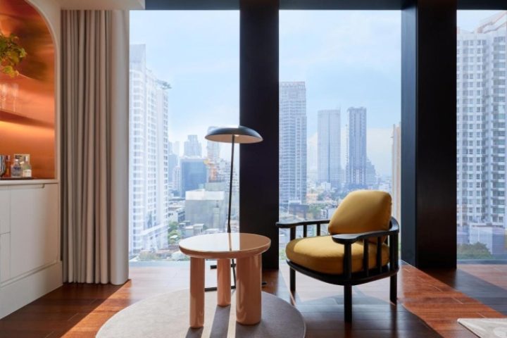 Bangkok's The Standard Mahanakhon hotel room. Modern design, city view. Popular gay hotel choice for travelers. Interior details.