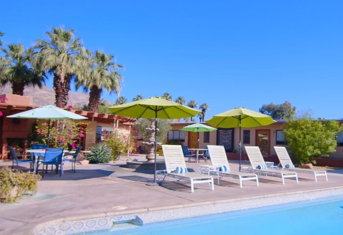 El Mirasol Villas, Palm Springs. Gay men's resort pool view with lounge chairs, umbrellas, and palm trees under a clear blue sky.