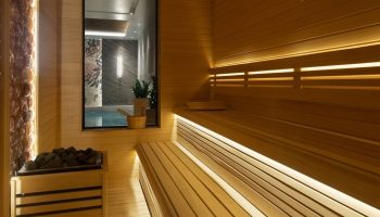 Gay sauna near Burdock Hotel Istanbul, Autograph Collection. Stylish wooden sauna with benches and rocks. A modern gay-friendly hotel amenity.