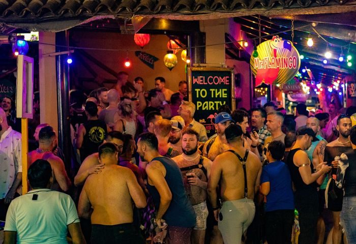 Mr. Flamingo Gay Bar in Puerto Vallarta. Crowded scene with shirtless men, Welcome to the Party sign, and festive lights. Gay travel.