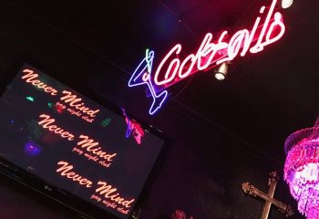 Never Mind Bar, Copenhagen. Neon 'Cocktails' sign, TV screen displaying the bar's name, and a chandelier in this gay night club.