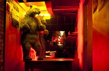Nicho Bears Bar gay party in Mexico. Bear statue on a table, with mirrors and red lighting. Gay travel advice.