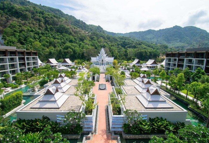InterContinental Phuket Resort aerial view. Gay hotels in Phuket Beach, Thailand. IHG Hotel with lush greenery and unique architecture.