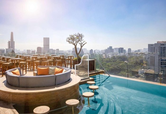 Hôtel des Arts Saigon rooftop pool view. Luxury hotel in Ho Chi Minh City. Number one gay travel destination. MGallery Collection.