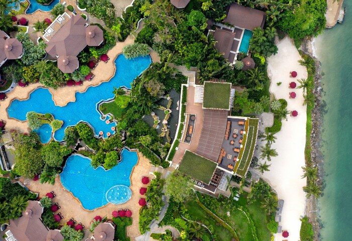 InterContinental Pattaya Resort aerial view. Luxury beachfront pool villa. IHG Hotel perfect for gay travel. Number one resort.