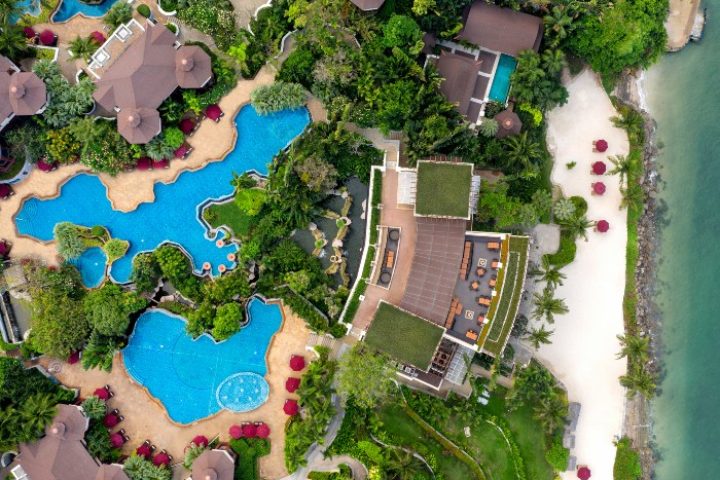 InterContinental Pattaya Resort aerial view. Luxury beachfront pool villa. IHG Hotel perfect for gay travel. Number one resort.