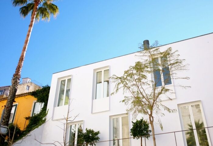 The Late Birds Lisbon, a gay-friendly hotel. White building with windows, palm tree, and blue sky. Gay urban resort architecture.