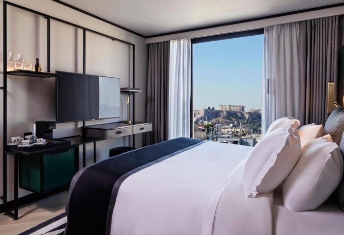 Academias Hotel, Autograph Collection room. Athens hotel with Acropolis view. Gay travel luxury hotel. Athens, Greece hotel room interior.