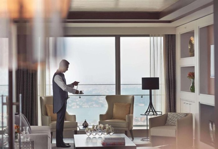 Luxury Istanbul hotel room at Raffles for gay honeymoon. Butler service, city view. Number one choice for gay couples' travel.