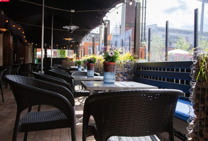 Outdoor seating at Oscars Cafe Bar Dublin. Tables with flowers, chairs, and a view of the city. A gay-friendly Dublin travel spot.