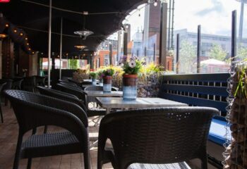 Outdoor seating at Oscars Cafe Bar Dublin. Tables with flowers, chairs, and a view of the city. A gay-friendly Dublin travel spot.