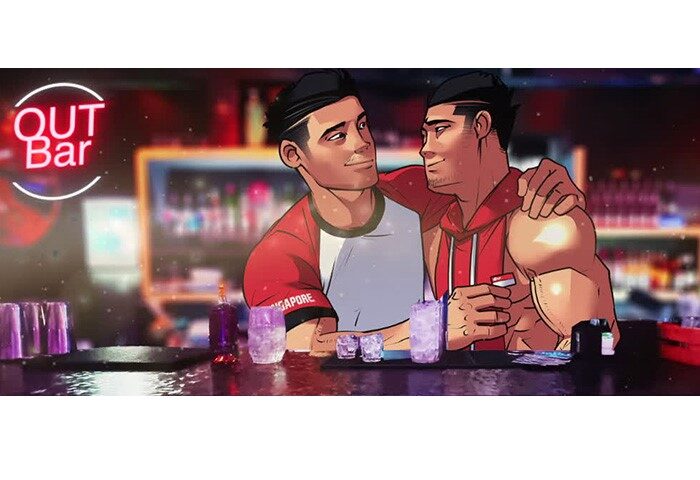 Illustration of a gay couple at OUT Bar Singapore, a popular local spot in Chinatown. They're at the bar, drinks in hand.