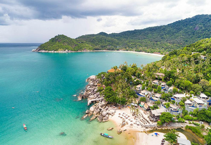 Panviman Resort Koh Phangan: Luxury private pool villas, a gay-friendly hotel. Tropical beach, turquoise water, lush hills. Paradise found.