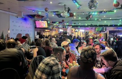 Interior of Pegasus On Church, a gay bar in Toronto. Crowded scene with patrons, rainbow decor, and disco balls. Gay travel advice.